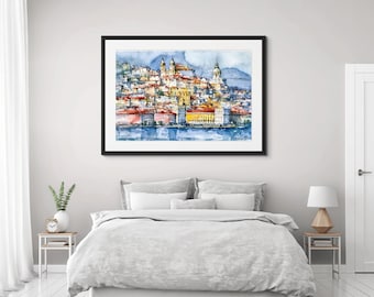 Lisbon Watercolor Print: Portugal Panoramic View Wall Art