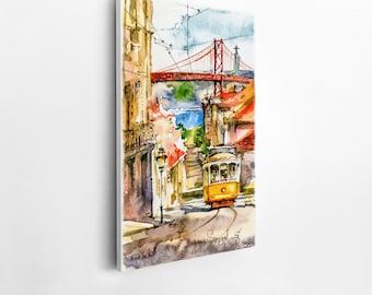 Lisbon Yellow Tram Watercolor Canvas Print: Portugal Travel Art