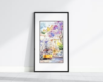 Lisbon Yellow Tram Watercolor Print: Portugal Travel Art