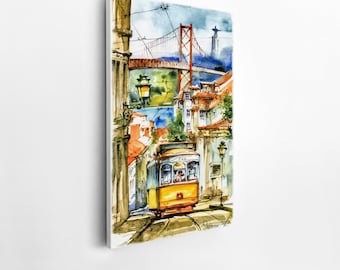 Lisbon Yellow Tram Watercolor Print: Portugal Bridge Canvas Wall Art