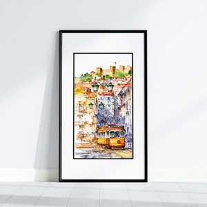 Lisbon tram, Castelo de São Jorge printed art poster | Living room framed decor | Portugal trendy wall art |Travel gift for him her