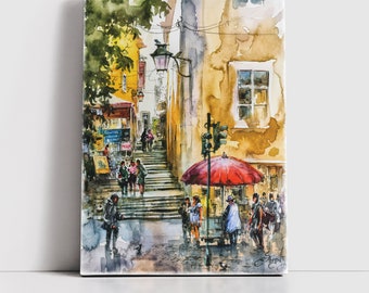 Lisbon Portugal Watercolor Art Prints on Canvas, Wall Travel Art Decor Framed or Unframed. Wedding Housewarming Birthday Anniversary Gifts