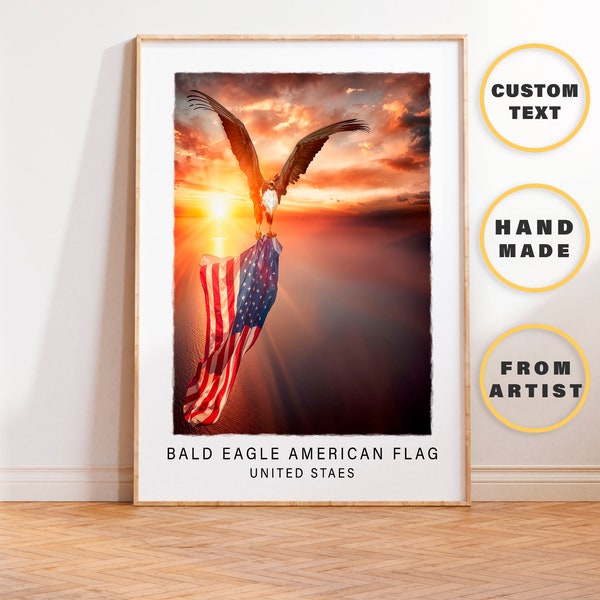 USA Flag and Eagle Printing Poster, American Large Wall Art, Unique Patriotic Illustration, Eagle Scout Gift For Him, Independence Day Art