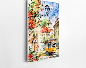 Lisbon Watercolor Canvas Print – Yellow Tram, Santa Luzia Church, Portugal Travel Art