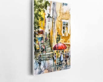Lisbon Street Scene Watercolor Art Print on Canvas - Framed or Unframed