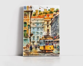 Lisbon Yellow Tram Watercolor Painting European Colorful Cityscape Prints Portugal Wall Decor Art Print on Canvas of Yellow Blue Green