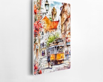 Colorful Lisbon Tram Watercolor Painting: Europe Cityscape Art Print