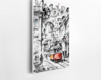 Lisbon Yellow Tram Canvas Print, Portugal Cityscape Wall Art (Gallery-Wrapped)