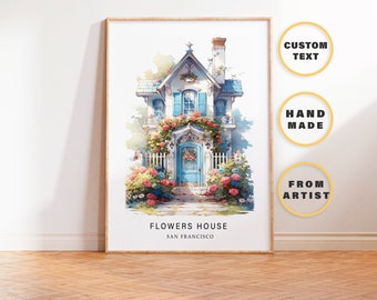 Flower House San Francisco Travel Poster, Canvas Colorful Wall Art California USA, Blue and White Home Decoration, Unique Holiday Gift