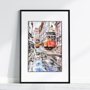 Portugal Lisbon Tram, Colorful Watercolor Art Prints, Unframed Wall Art, Europe Travel Poster, Printed Home Decor, Framed Living Room Decor