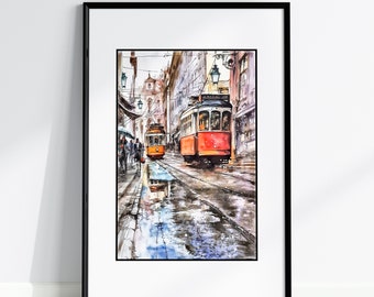 Tramway de Lisbonne, Portugal, aquarelles colorées, oeuvres d'art murales sans cadre, affiche de voyage en Europe, décoration d'intérieur imprimée, décoration de salon encadrée