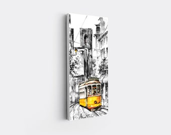 Lisbon Yellow Tram Canvas Print: Black and White Urban Art