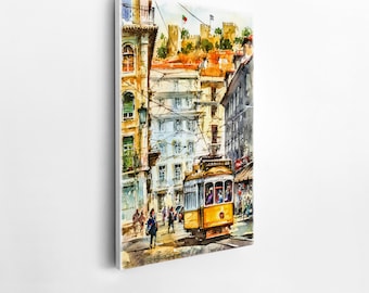 Lisbon Yellow Tram Watercolor Painting: Portugal Cityscape Art Print on Canvas
