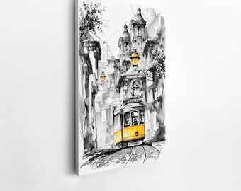 Lisbon Portugal Print: Yellow Tram Watercolor Painting on Canvas