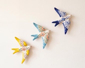 Set of 3 Ceramic Swallows, Handmade Portuguese Birds, Blue Yellow Wall Decor