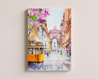 Lisbon Yellow Tram Canvas Print, Watercolor Cityscape Wall Art, European Travel Decor