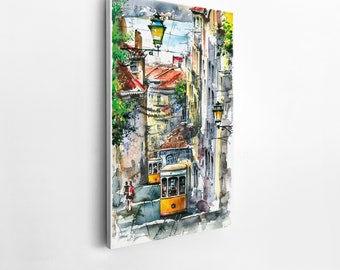 Lisbon Yellow Tram Watercolor Canvas Print: Portugal Travel Art