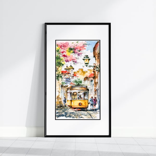 Yellow cable car travel art print Framed or unframed living room wall decor Watercolor print Portugal cityscape printed poster Gift for her