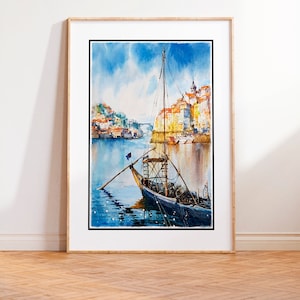 Manifesto di Porto. Stampa acquerello blu tenue. Stampa artistica su carta. Decorazione murale di viaggio portoghese. Anniversario Compleanno Pensionamento regalo per lei e lui