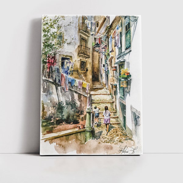 Aquarelle cour de Lisbonne encadrée, décoration murale colorée, paysage urbain européen, impression sur toile, oeuvre d'art de voyage au Portugal, beige vert