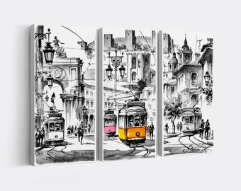 Lisbon Portugal Print Set: Black and White Cityscape, Orange Tram (Canvas)