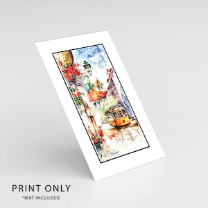 Portugal Yellow Tram Travel Poster Framed Art Print, Unframed Vivid Watercolor Wall Hanging, Birthday,  Anniversary Gift for Her Him Couple