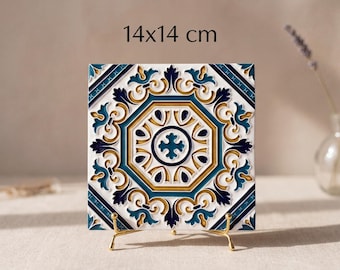 Handmade Portuguese Azulejo Tile, 14x14cm Blue Ceramic Wall Decor