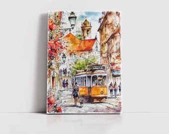 Lisbon Tram 28 Watercolor Print, Yellow Portugal Travel Wall Art