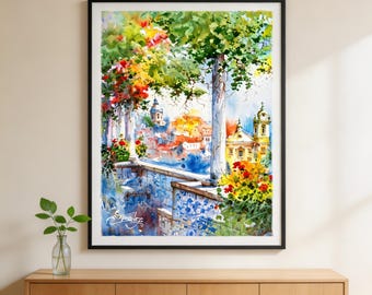 Lisbon Miradouro Watercolor Canvas Print, Colorful Portugal Cityscape Wall Art