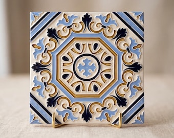 Handmade Azulejo Tile, Portuguese Ceramic Wall Decor, Blue Yellow Art (14x14 cm)
