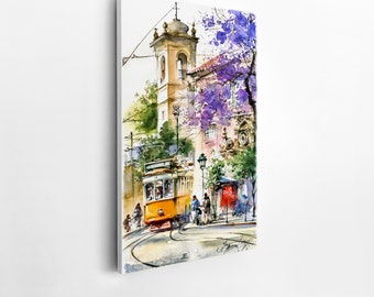 Lisbon Portugal Watercolor Print: Santa Luzia Church & Yellow Tram