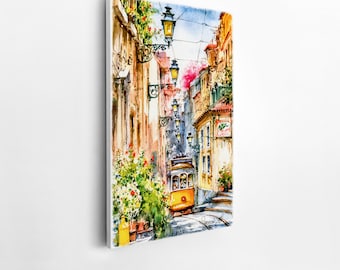 Watercolor Europe Canvas Art: Cable Car & Pink Flowers Print