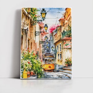 Watercolor Europe Painting | Cable Car Canvas Art Print | Travel Art Pictures For Wall Decor | Travel Lovers Gifts | Pink Flowers Painting
