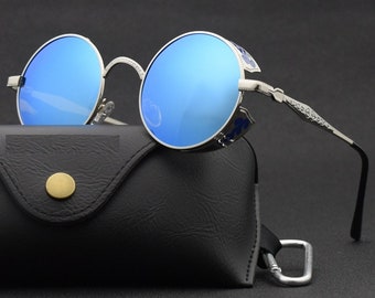 Blauwe ronde zonnebril voor heren en dames | Vintage ronde zonnebril | Klassieke gotische Steampunk-zonnebril | Hippie-zonnebril | Coole bril