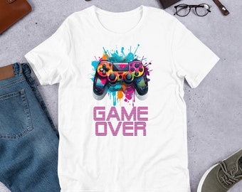 Game Over Gamer T-Shirt - Vibrant Gamepad Print with Colorful Splash