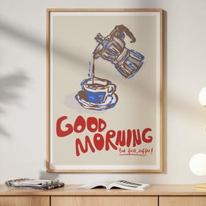 Good Morning Coffee Wall Art, But First Coffee Printable, Moka Pot Kitchen Poster, Coffee Bar Decor, Breakfast Art, Digital Download