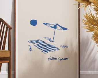 Minimalist Beach Line Art Print, Coastal Summer Decor (Digital Download)