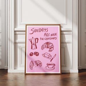 Arte mural de desayuno dominical, impresión de croissant y cafetera moka, decoración de cocina para el club de desayuno, descarga digital acogedora, póster de brunch, regalo para amantes del café