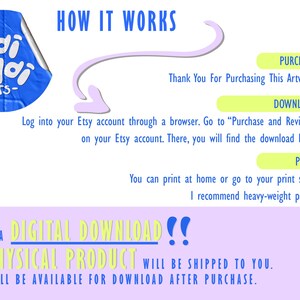 May include: An instructional graphic titled HOW IT WORKS with a blue circular logo reading Moi Moi PRINTS. It outlines steps for PURCHASE, DOWNLOAD, and PRINT. A large purple banner at the bottom states THIS IS A DIGITAL DOWNLOAD!! NO PHYSICAL PRODUCT.