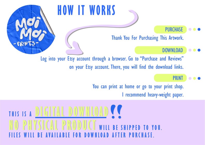 May include: An instructional graphic titled HOW IT WORKS with a blue circular logo reading Moi Moi PRINTS. It outlines steps for PURCHASE, DOWNLOAD, and PRINT. A large purple banner at the bottom states THIS IS A DIGITAL DOWNLOAD!! NO PHYSICAL PRODUCT.