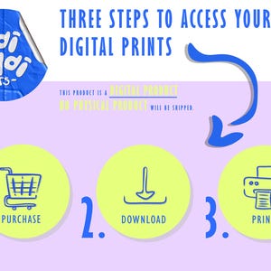 May include: A light purple graphic with blue text reading THREE STEPS TO ACCESS YOUR DIGITAL PRINTS, THIS PRODUCT IS A DIGITAL PRODUCT NO PHYSICAL PRODUCT WILL BE SHIPPED. Includes a blue logo, a blue arrow, and three yellow circles with icons for purchase, download, and print.