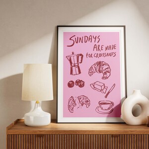 Sunday Breakfast Wall Art, Croissant & Moka Pot Print, Breakfast Club Kitchen Decor, Cozy Digital Download, Brunch Poster, Coffee Lover Gift