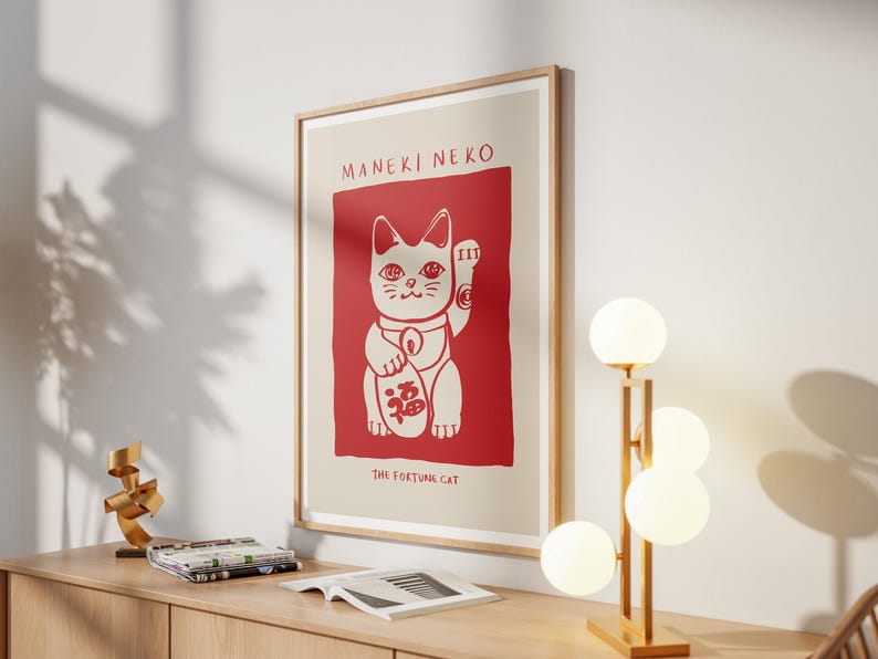 Maneki Neko Print, Minimalist Red Japanese Lucky Cat Wall Art (digital ...