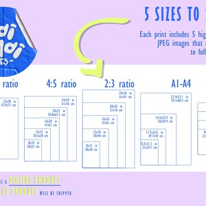 May include: A digital product guide titled 5 SIZES TO SCALE with the Moi Moi Prints logo. It displays five aspect ratios: 11:14, 4:5, 2:3, A1-A4, and 3:4, each listing multiple dimensions in inches and centimeters for scalable JPEG files.