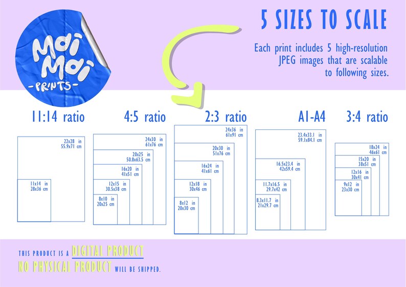 May include: A digital product guide titled 5 SIZES TO SCALE with the Moi Moi Prints logo. It displays five aspect ratios: 11:14, 4:5, 2:3, A1-A4, and 3:4, each listing multiple dimensions in inches and centimeters for scalable JPEG files.