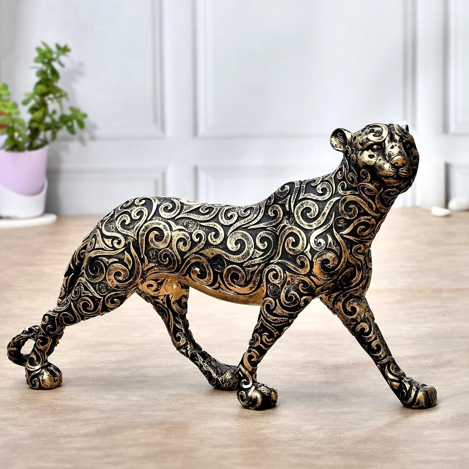 Wild Cheetah Statue in Gold Metal Finish – Floral Petals of