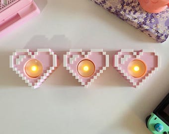 Pixel Heart Candle Holders (Set of 3) | Cute Gaming Room Decor | Cozy LED Tea Light Holders | Pastel Aesthetic Desk Decor | Gamer Gift