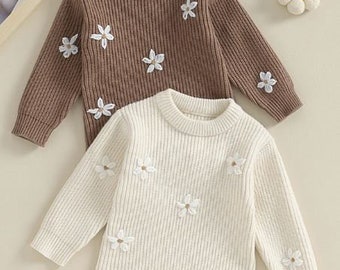 Baby Knit Flower Sweater | Knit Flower Embroidered Romper Sweater | Neutral Knit Baby Toddler Outfit | Flower Embroidered Sweater |