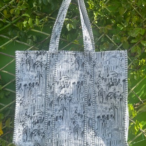 Sacola indiana com estampa de bloco de mão, sacola acolchoada de algodão orgânico, sacola de compras feminina, sacola de viagem vintage, sacola de transporte