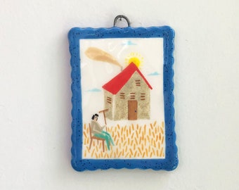 Bauer & Bauernhaus Illustration Keramik Wandkunst, Mini Keramik, winzige Keramik Wand Dekor, Wohnkultur Kunst, Miniatur Keramik Kunst, Wand Dekor
